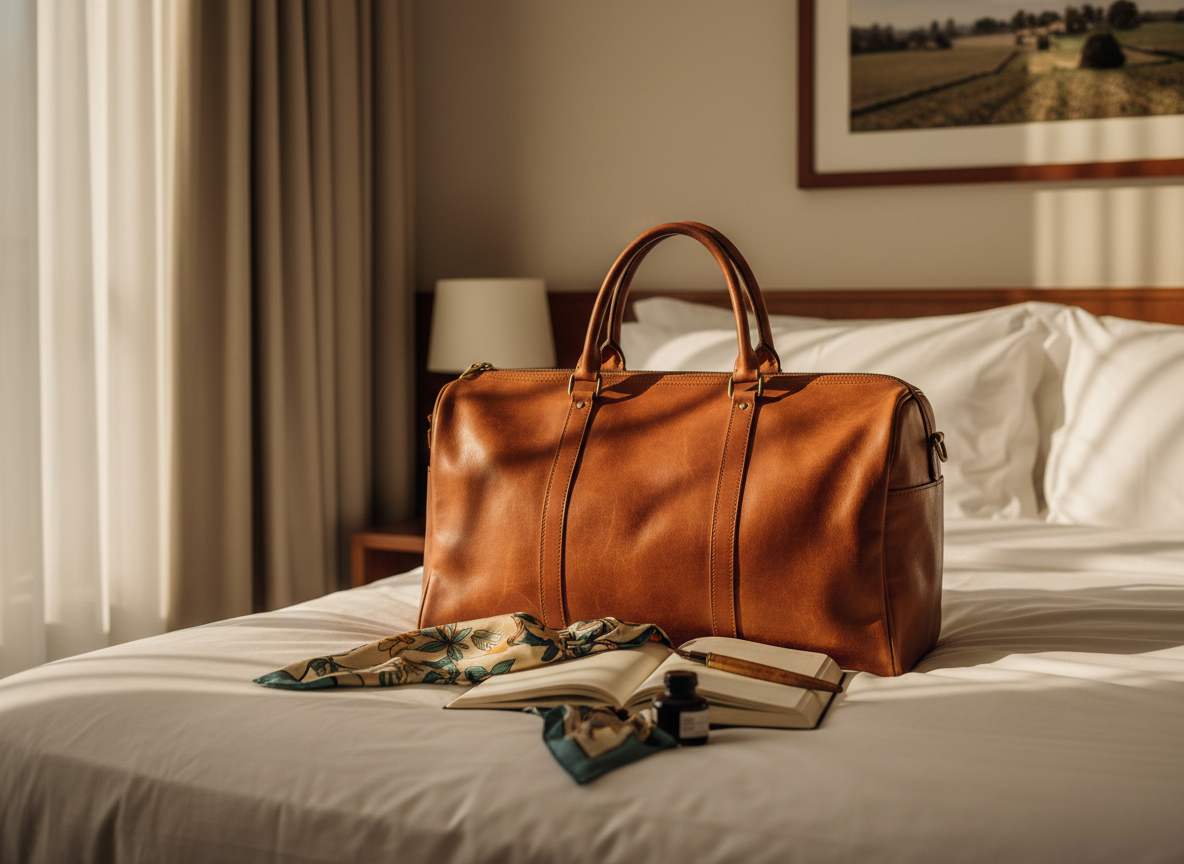 A vintage leather weekender bag in a warm cognac tone, its surface softly worn and textured, rests on a linen-covered hotel bed in a sunlit boutique suite. Beside it lies an open travel journal, a brass fountain pen, and a silk scarf with muted botanical prints. Late afternoon golden light filters through sheer curtains, casting gentle shadows across crisp white bedding and a framed landscape photograph on the wall. Photographic realism, captured at an eye-level angle with a shallow depth of field, letting the bag and journal remain in sharp focus while the background melts into a creamy bokeh. The mood is sophisticated, calm, and full of possibility, perfect for a travel lifestyle blog hero image.