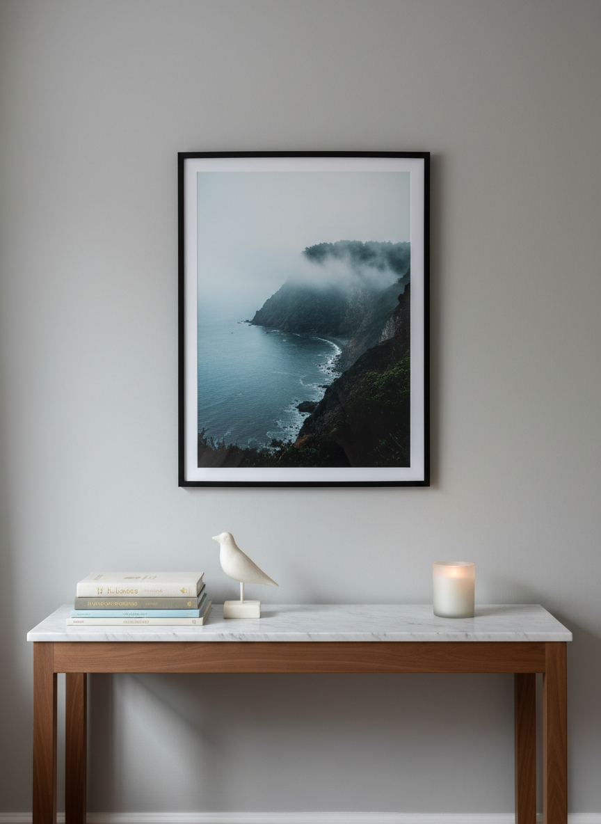 A meticulously styled marble-topped console table against a soft dove-gray wall, featuring a stack of linen-bound travel books, a small alabaster sculpture, and a frosted glass candle. A large framed photograph of a misty coastal cliffside hangs above, its cool blues and grays contrasting with the warm wood of the console base. Soft indirect daylight spills in from an unseen window, creating gentle reflections on the marble and subtle shadows under each object. Photographic realism with a clean, modern aesthetic, shot straight-on with balanced composition and moderate depth of field. The atmosphere feels curated and serene, blending travel inspiration with refined interior style for a sophisticated blog feature image.